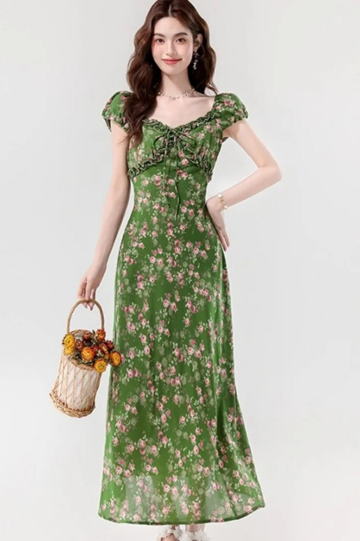 Retro Slim Green V - Neck Floral Dress