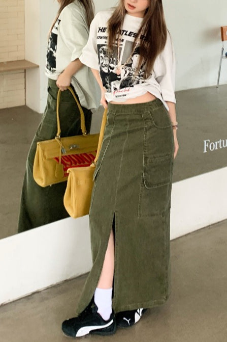 High Waist Cargo Pocket Front Slit Straight Maxi Skirt 5