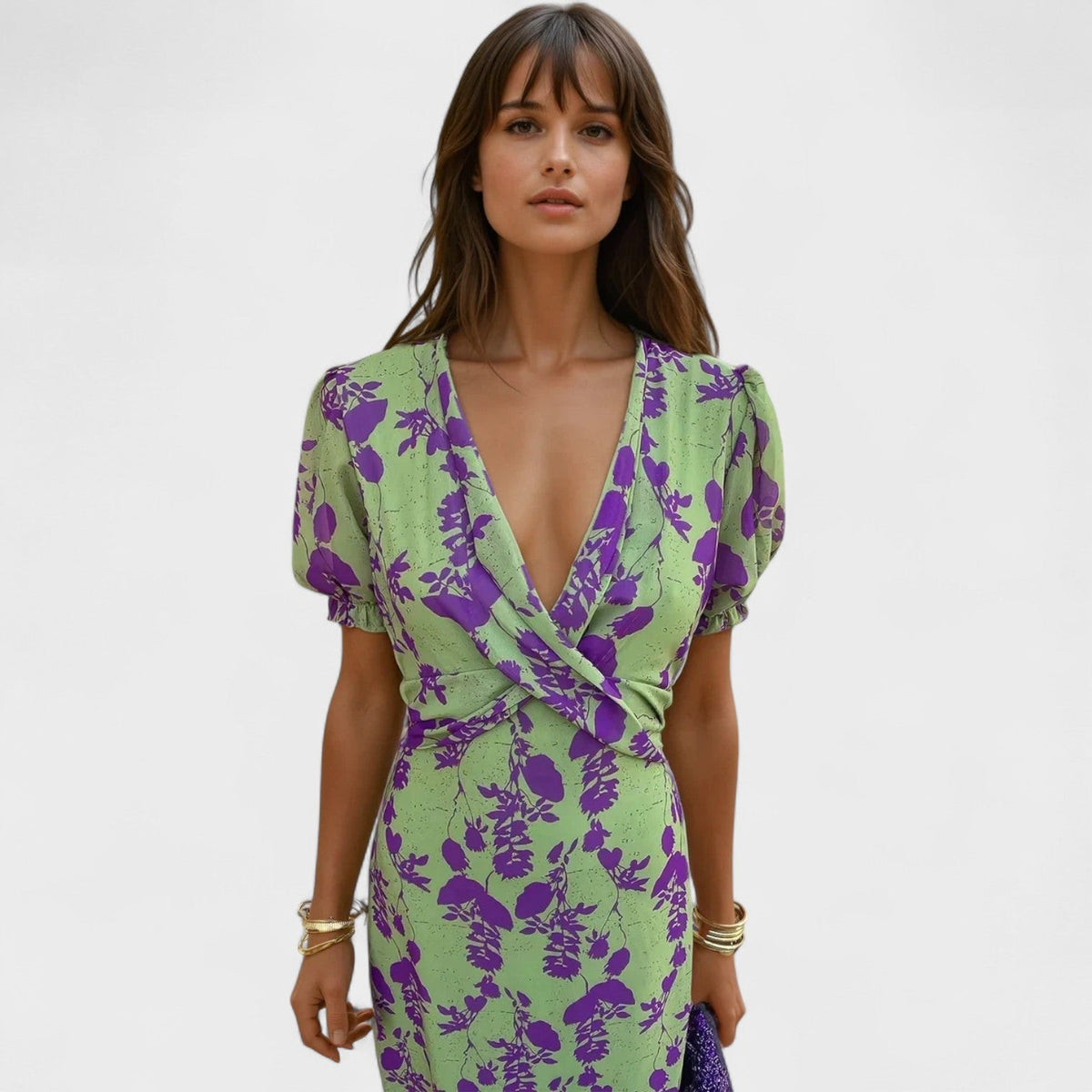 Floral V-Neck Puff Sleeve Twist Front Midi Dress