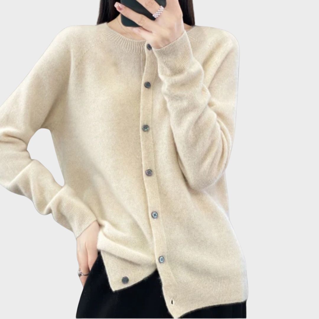 Crew Neck Button Front Long Sleeve Knit Cardigan