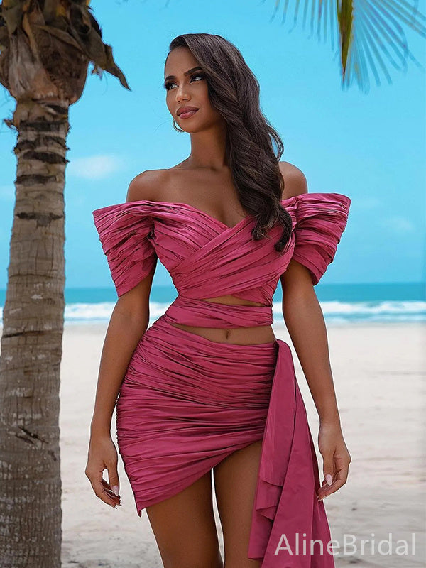 Ruched Off Shoulder Wrap Crop Top and Draped Mini Skirt Two Piece Homecoming Dress