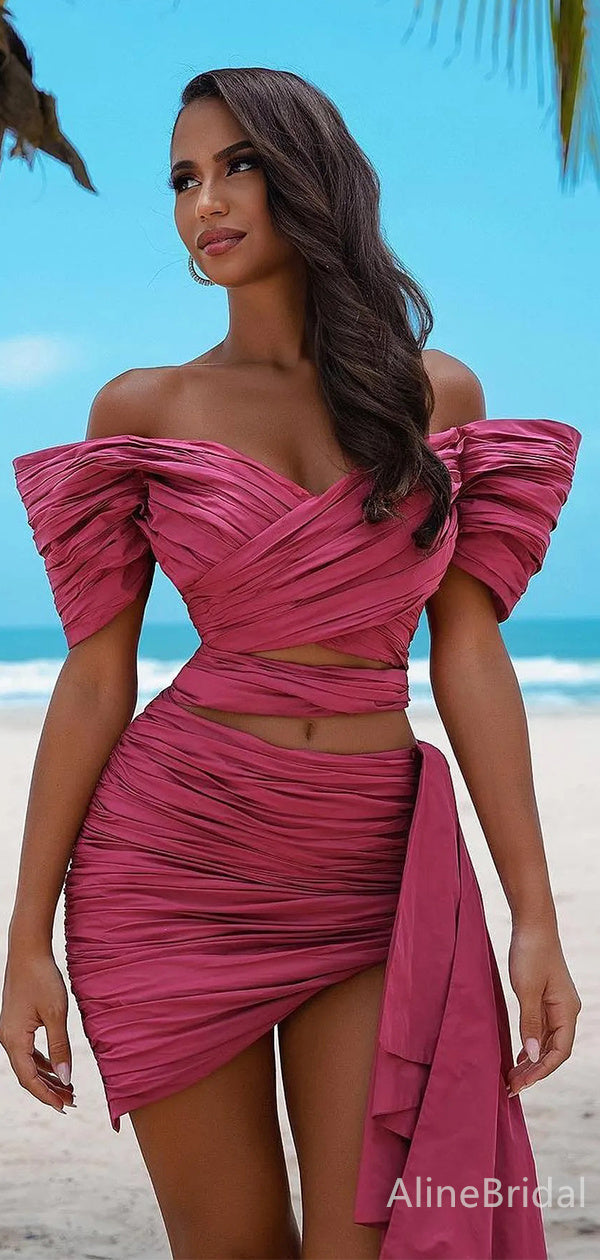 Ruched Off Shoulder Wrap Crop Top and Draped Mini Skirt Two Piece Homecoming Dress 3
