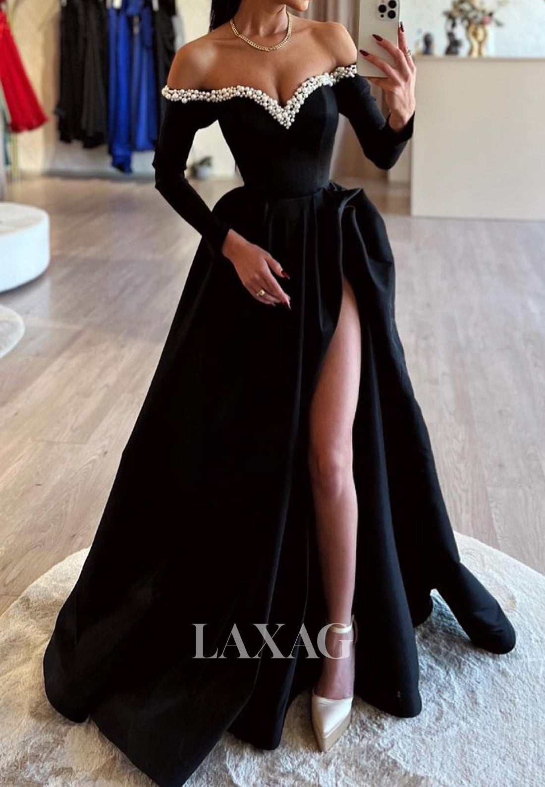 Sweetheart Off-Shoulder Long Sleeves Formal Gowns Beaded Pearls A-Line Prom Dress with High Slit