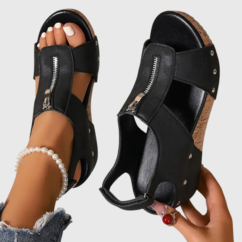 Closed Toe Zip Front Ankle Strap Wedge Sandals