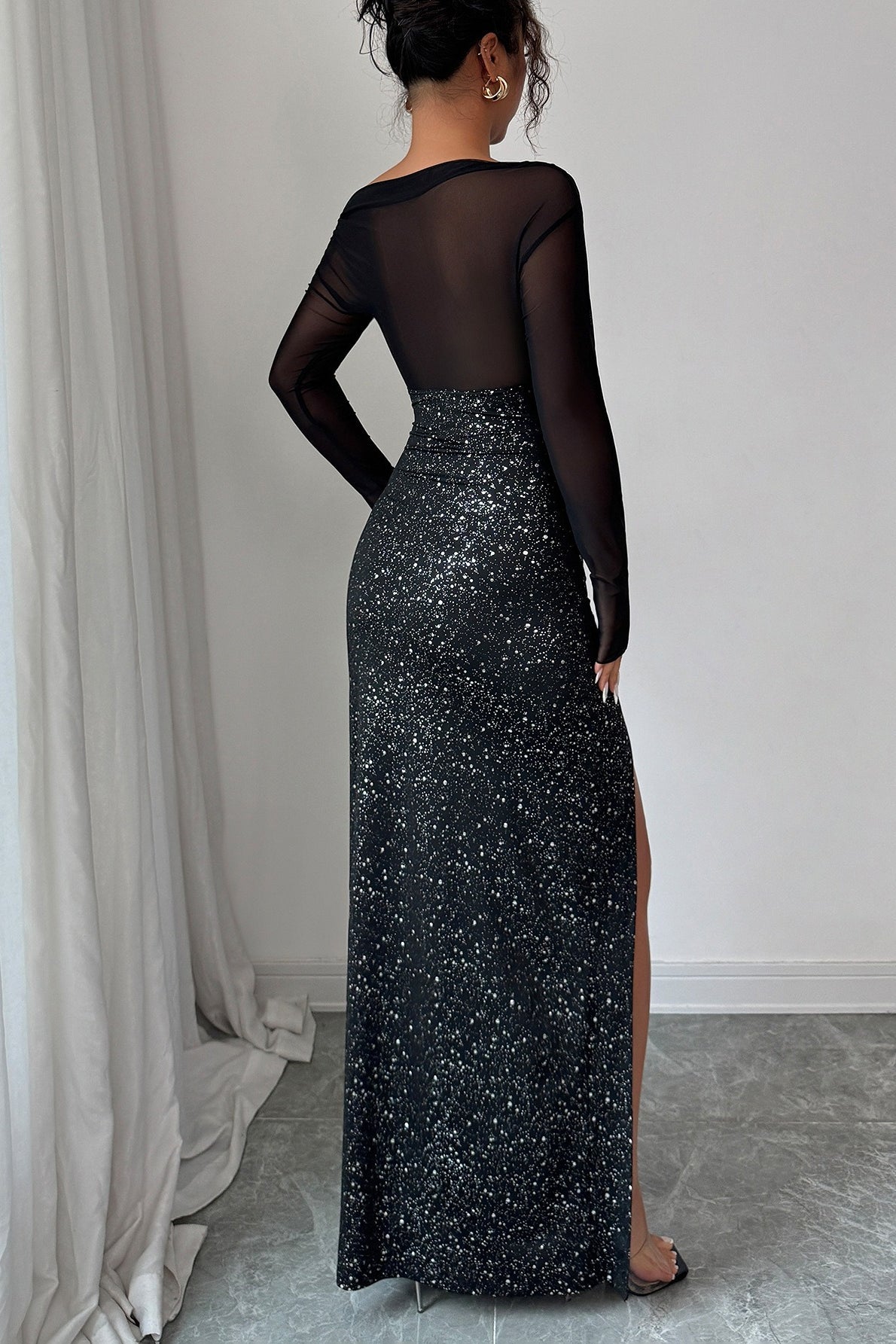 Chic High Neck Long Sleeve Maxi Sequin Dress