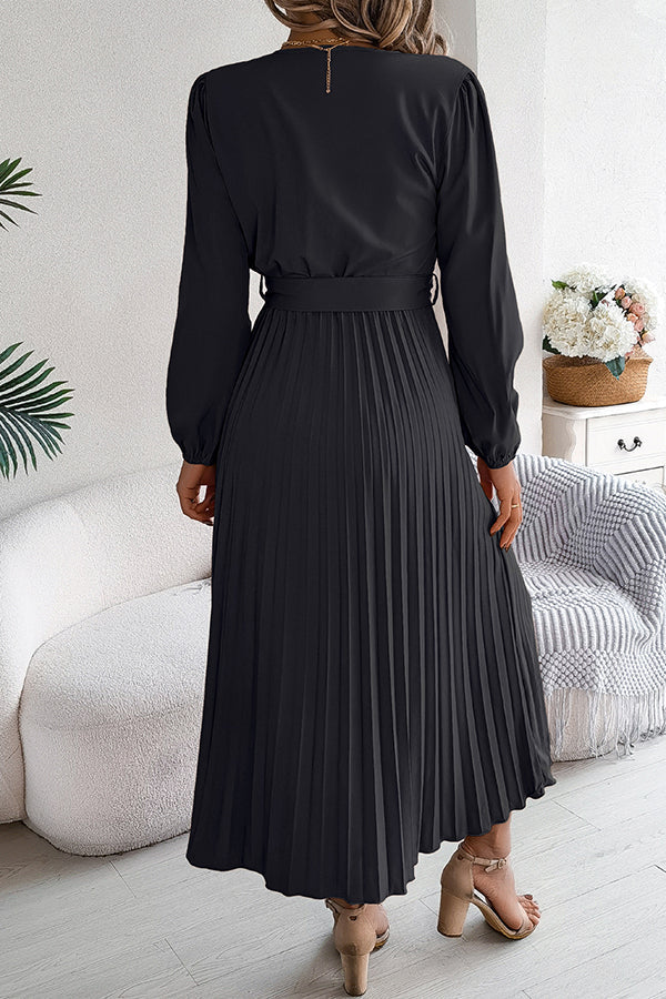 Solid Color Elegant V-neck Buttoned Lace-up Pleated Maxi Dress - View 20