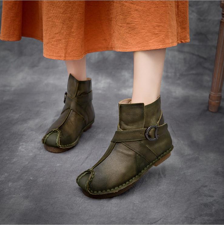 National Style Leather Short Boots For Women Buckle Decoration Green/Black/Brown