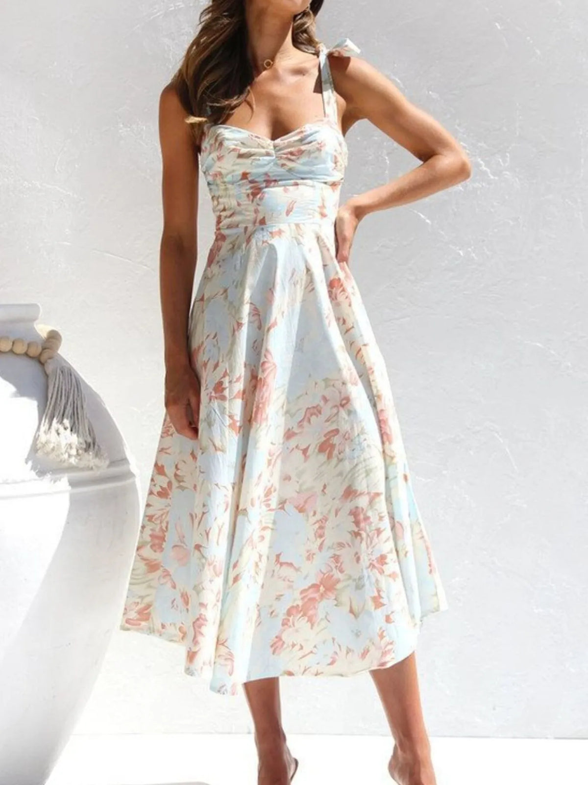 Floral Print Tie Shoulder Sweetheart A-Line Midi Dress 6