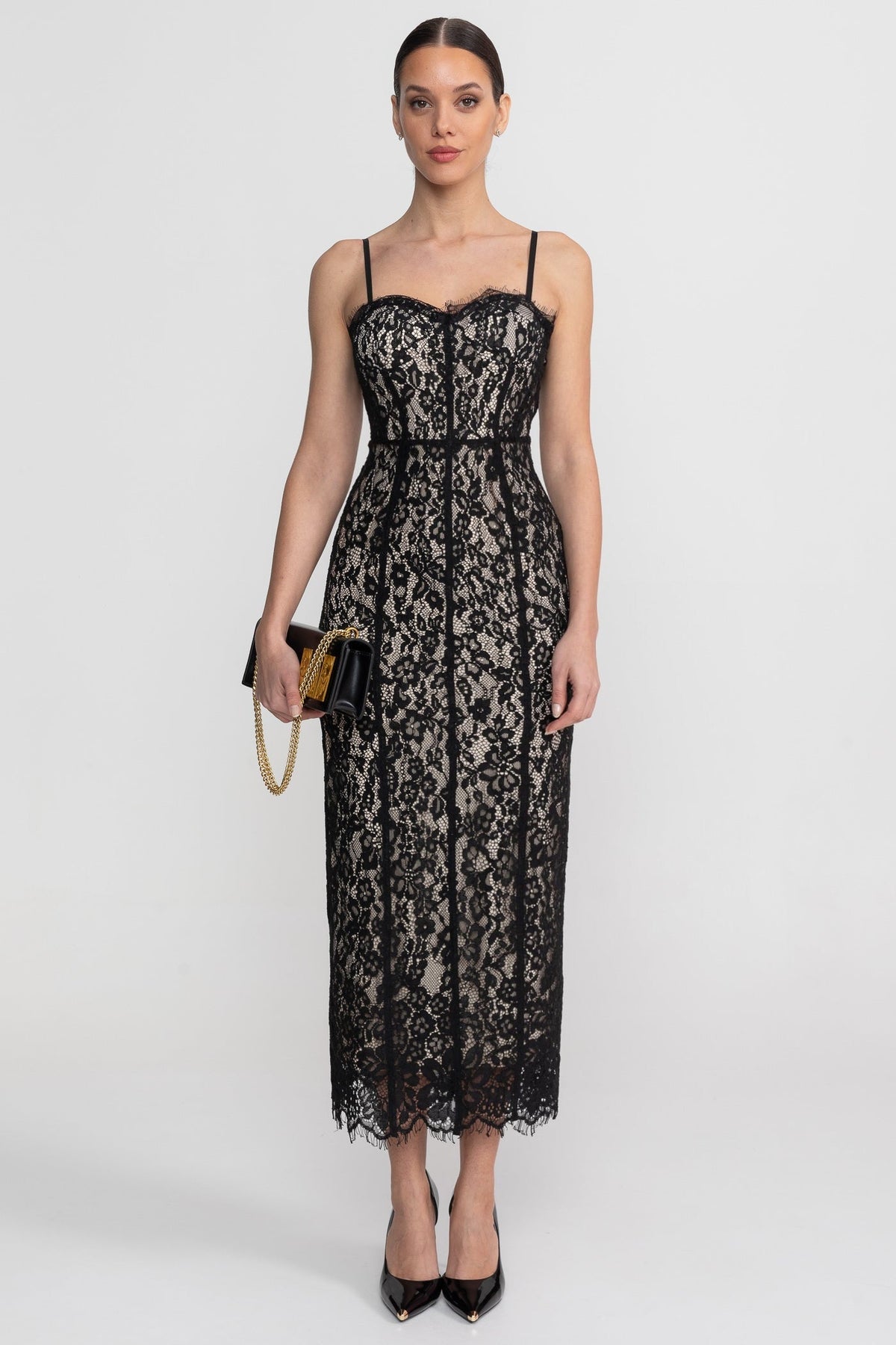 Lace Sweetheart Neck Spaghetti Strap Corset Bodice Scalloped Hem Midi Dress