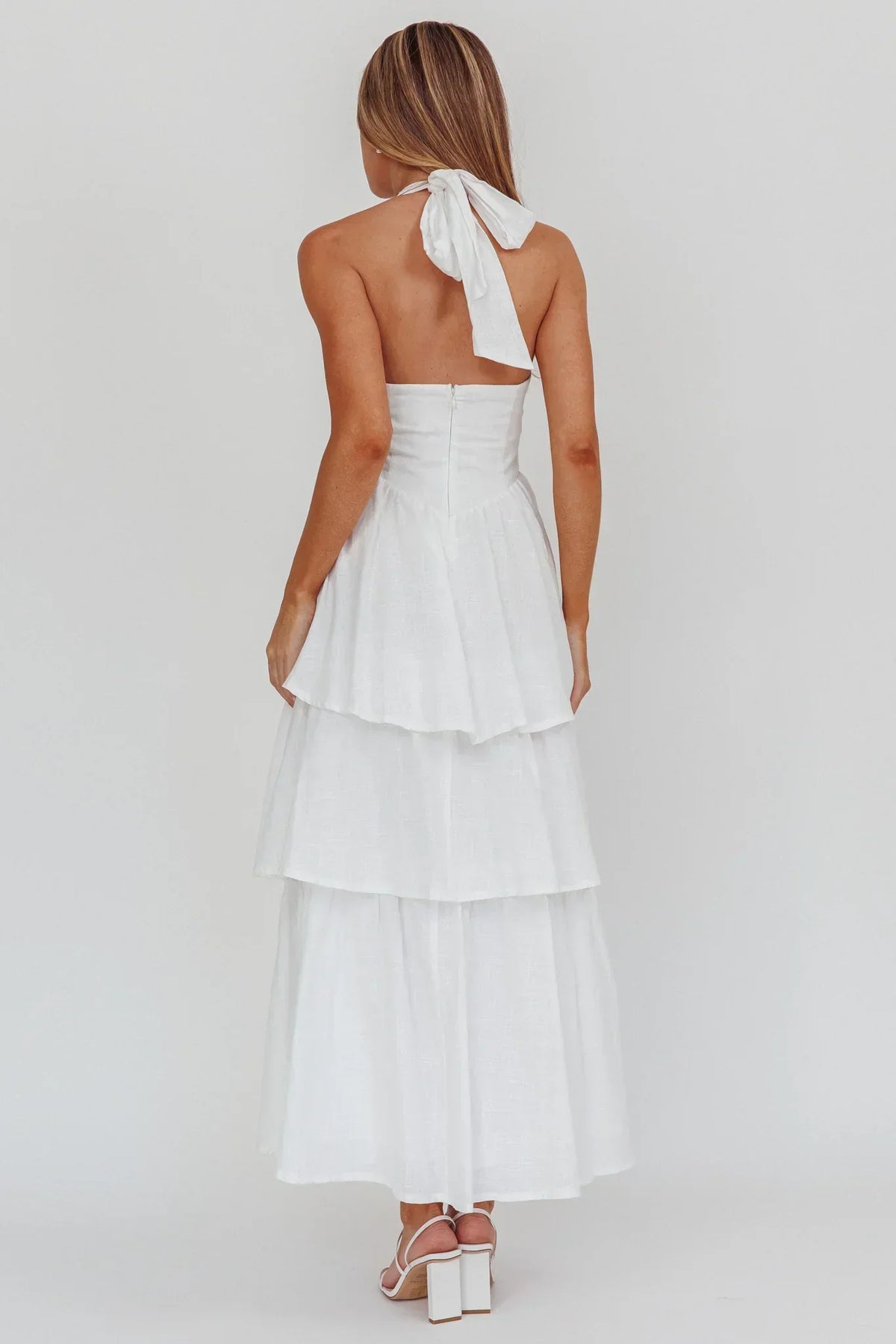 Halter Neck Square Neckline Basque Waist Tiered Ruffle Maxi Dress 2