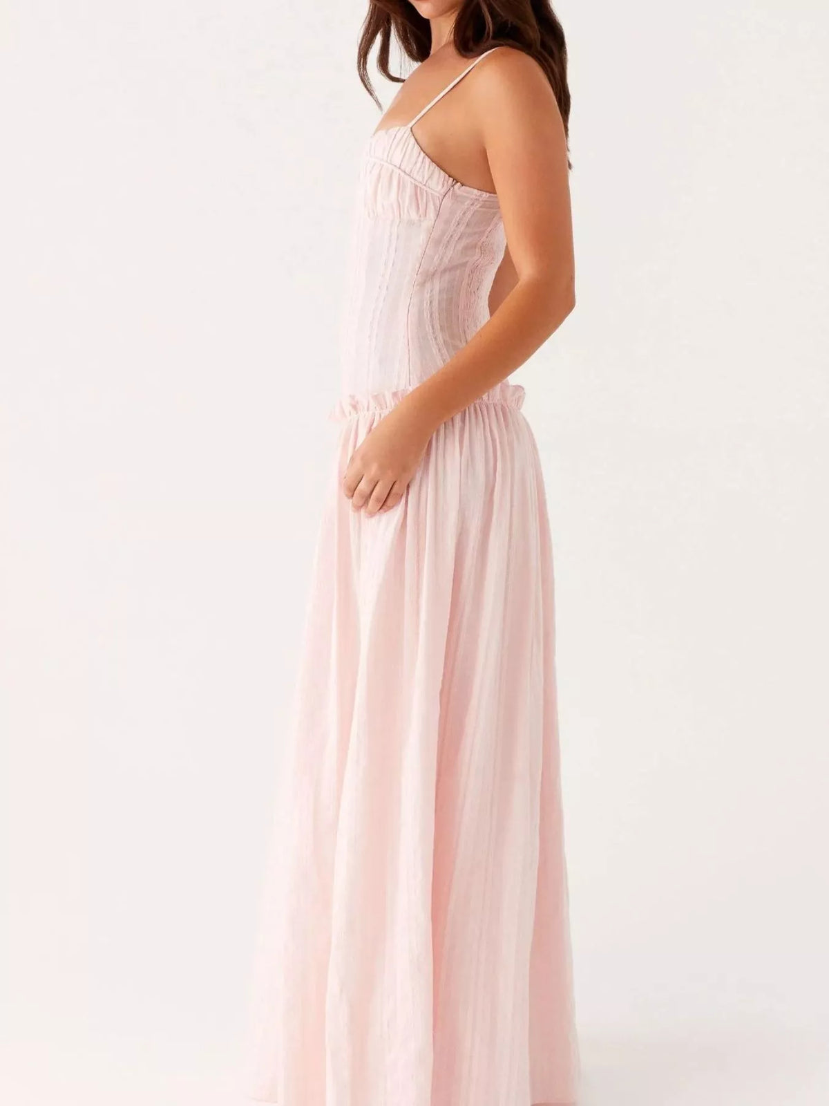Ruched Bust Drop Waist Ruffle Trim Cami Maxi Dress 15