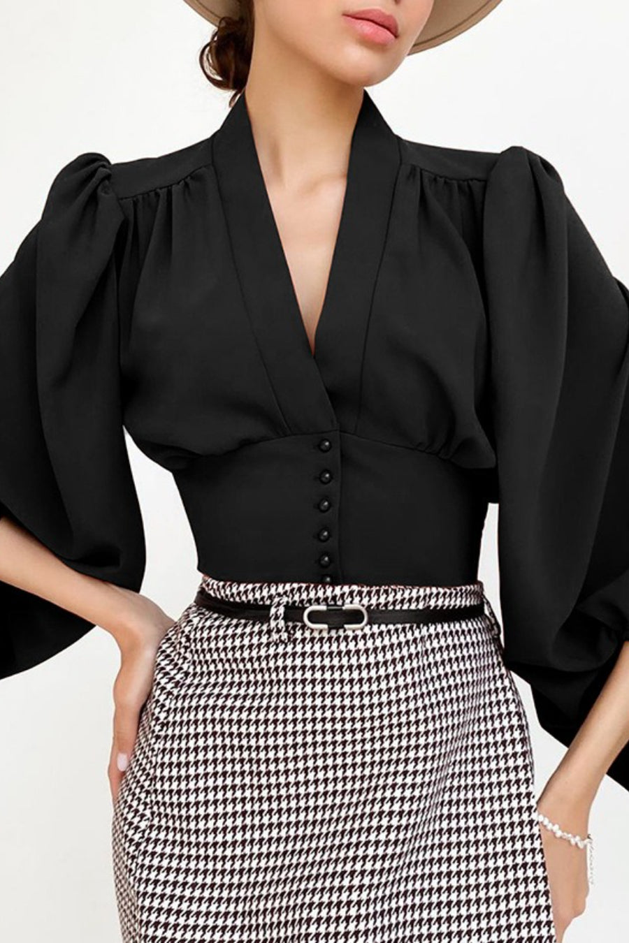 V-Neck Balloon Sleeve Button Front Fitted Waist Cropped Blouse 5