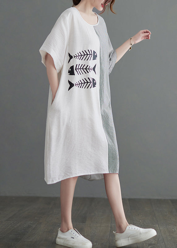 Fish Skeleton Print Color Block Vertical Stripe Short Sleeve Shift Knee Dress
