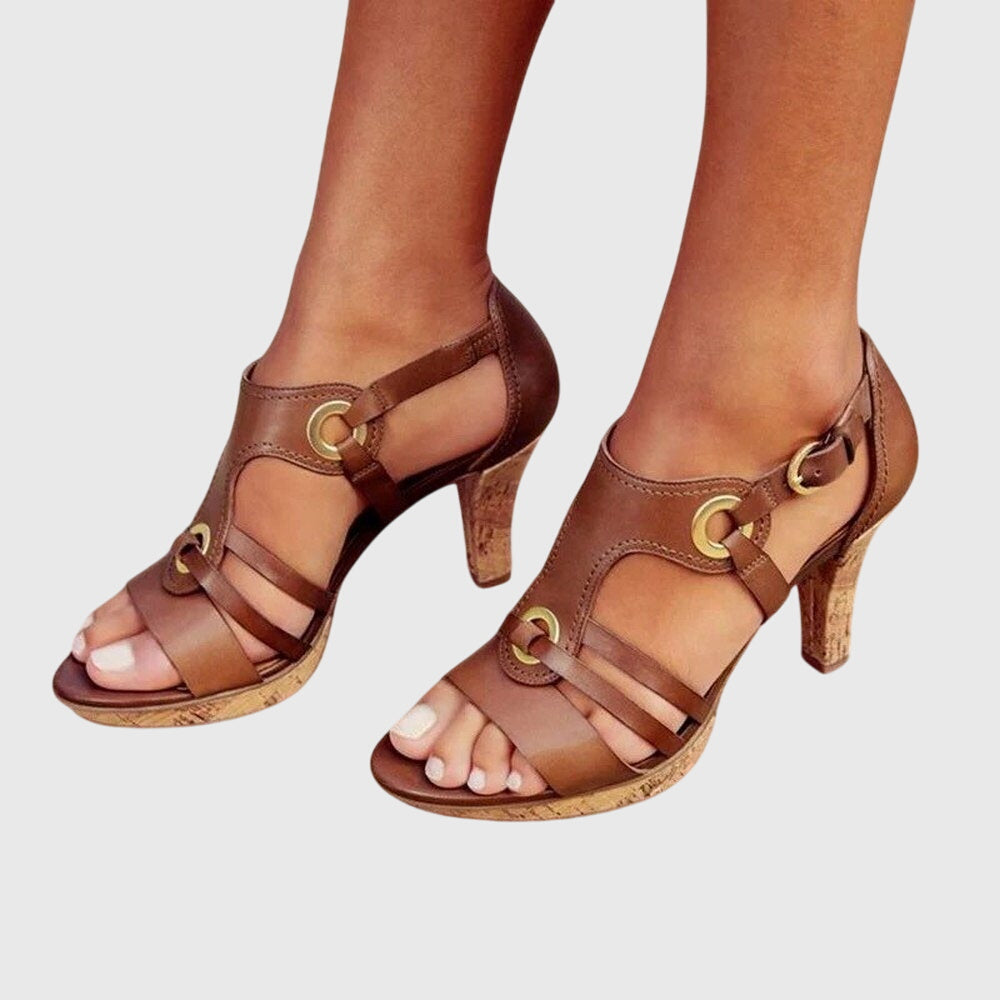 Open Toe T-Strap Ring Buckle Cork Block Heel Sandals