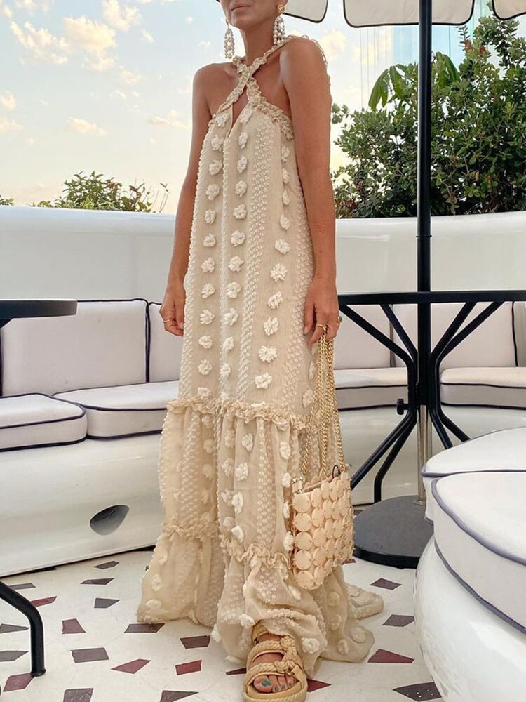 Halter Neck Keyhole Tiered Textured Dot Applique Maxi Dress