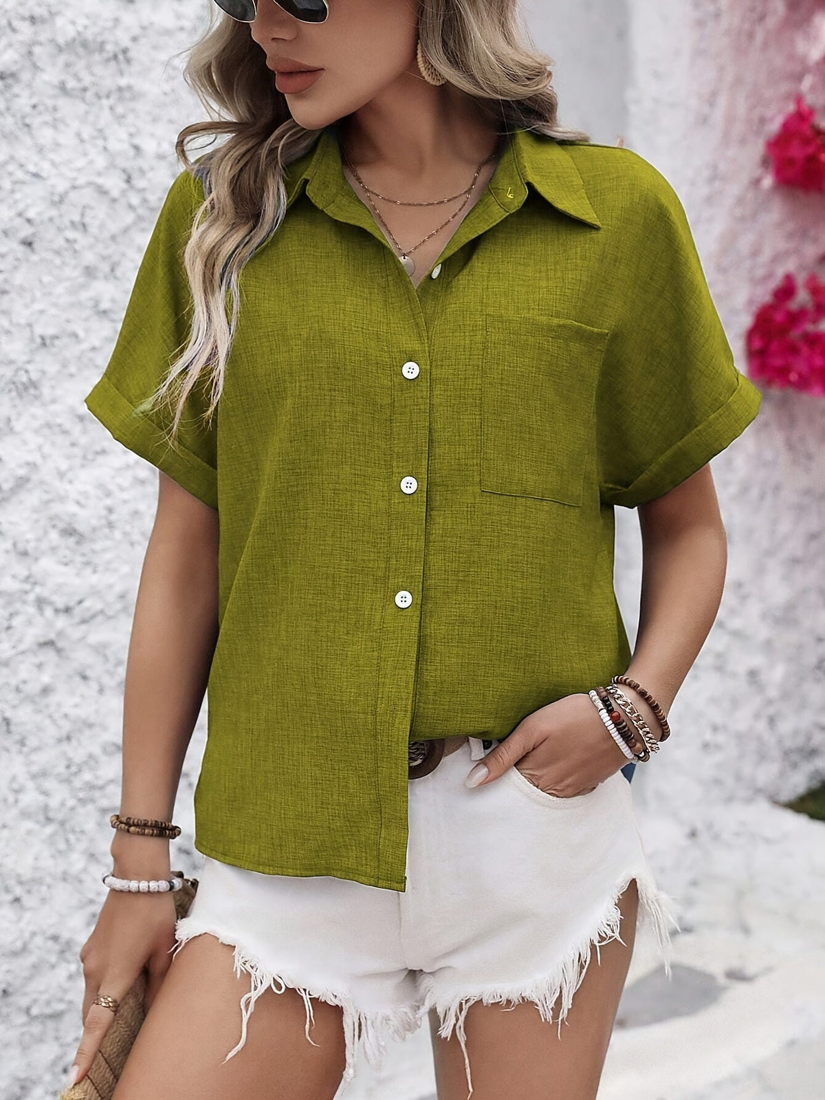 Collared Short Sleeve Button Front Pocket Shirt