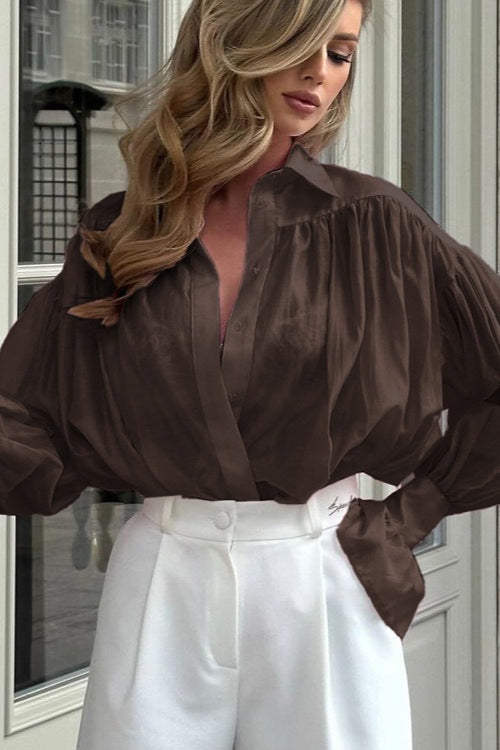 Collared Balloon Sleeve Ruffle Cuff Button Front Oversized Blouse 7