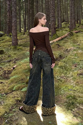Retro Leopard Print Wide Leg Jeans