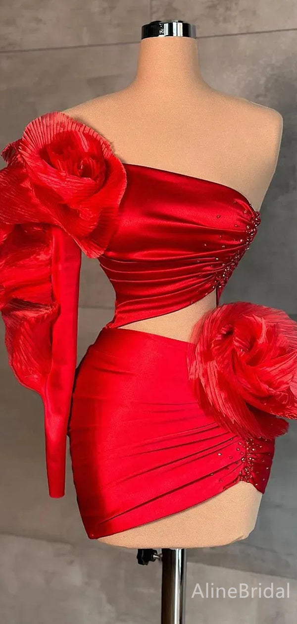 Satin One Shoulder Rosette Long Sleeve Cut Out Mini Homecoming Dress 2