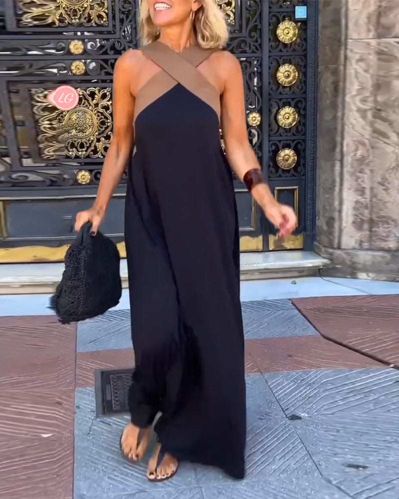 Cross Halter Neck Contrast Panel Sleeveless Draped Maxi Dress