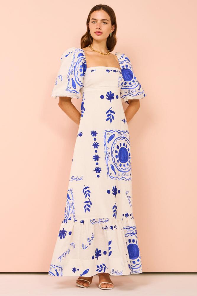 Sleeve Mediterranean-Puff Midi Dress