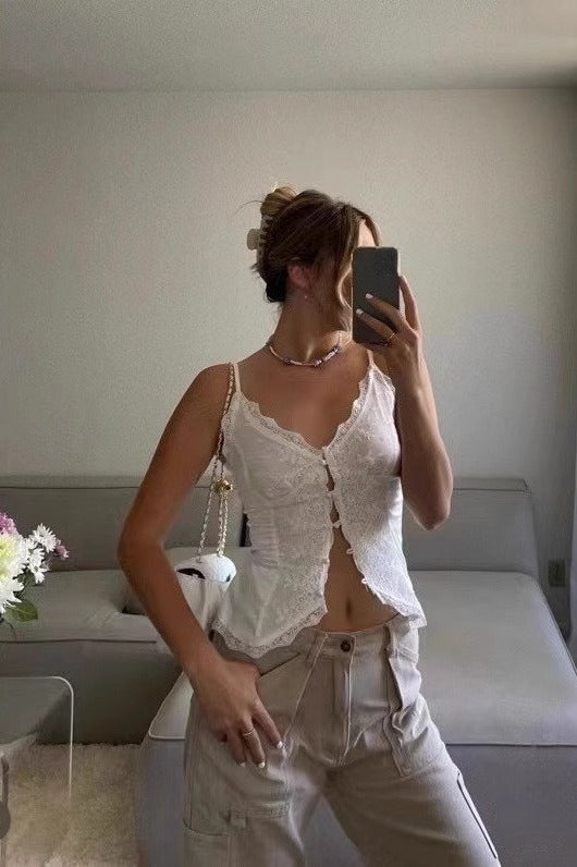 Lace Trim Satin Panel Button Cami Top