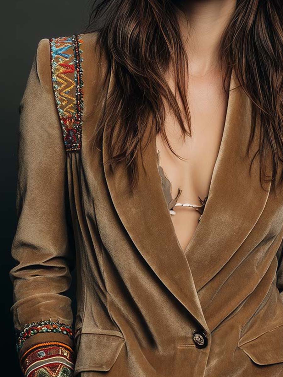 Embroidered Beaded Trim Velvet Blazer