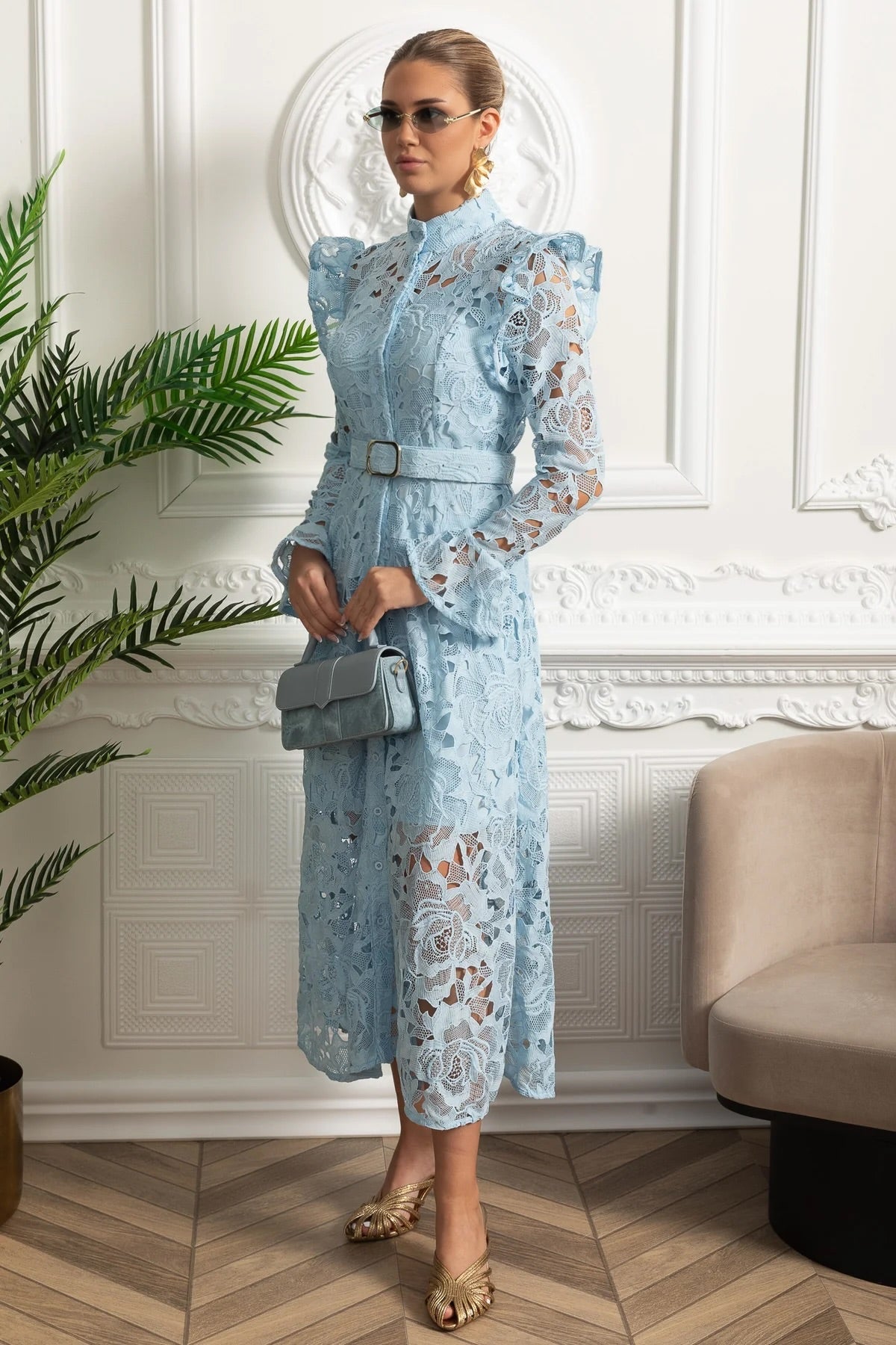 Floral Cut Out Lace Mock Neck Ruffle Shoulder Long Sleeve Belted Midi Dress 3