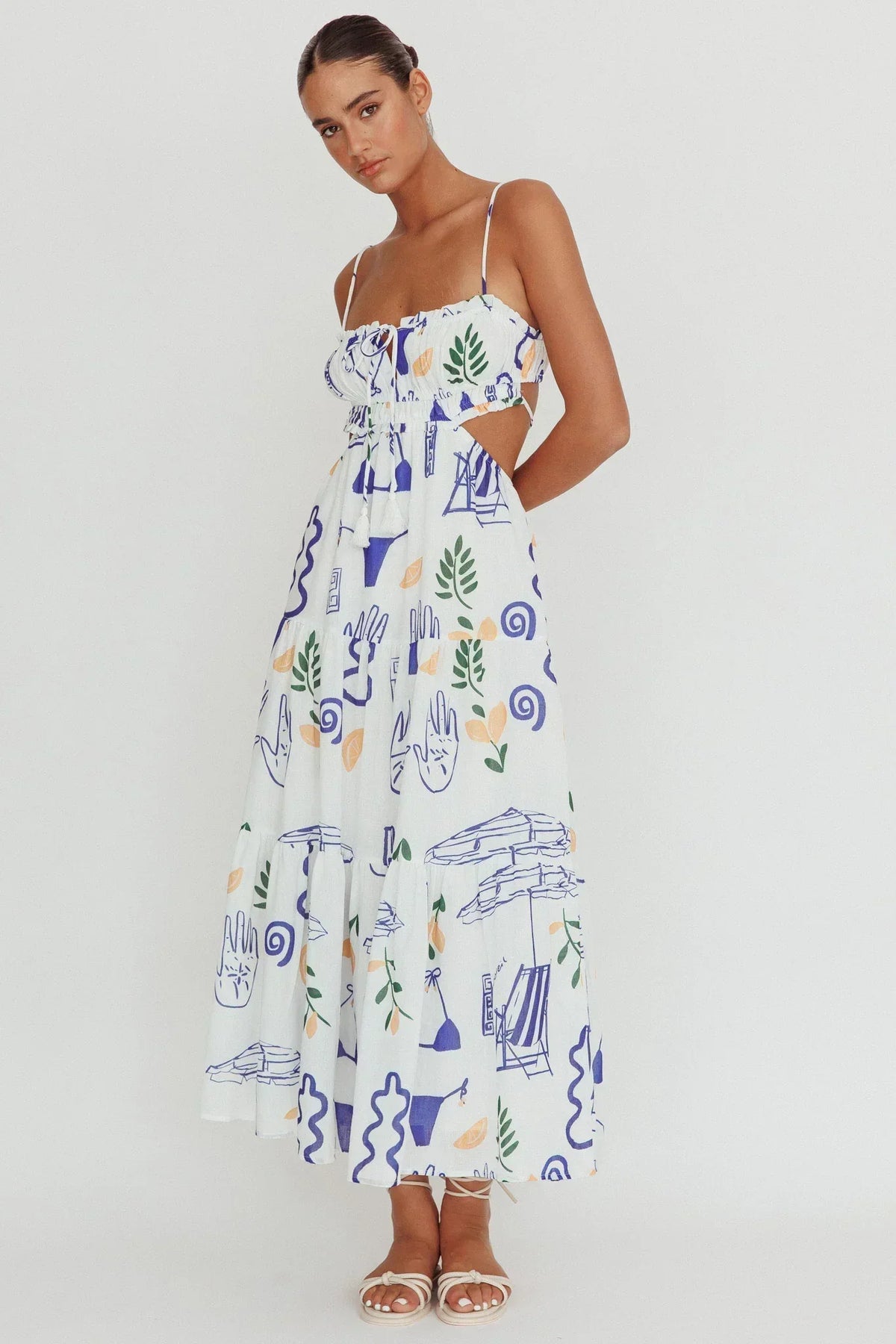 Abstract Print Shirred Bodice Cut Out Back Tie Front Tiered Maxi Dress 3