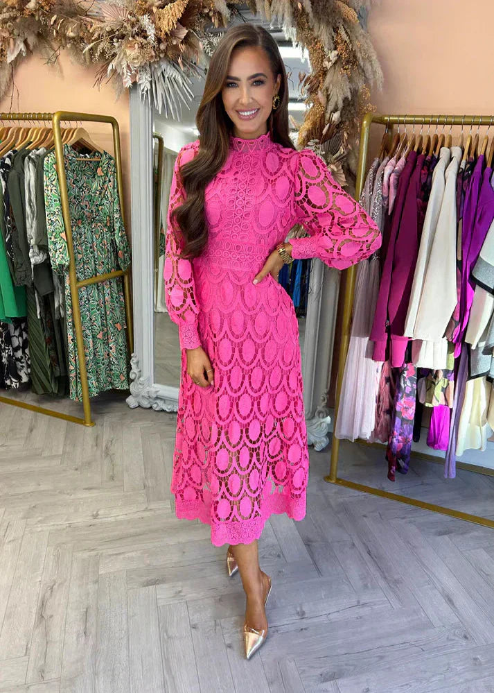 Lennon - Women's Stand Collar Hollow Out Long Dress Pink