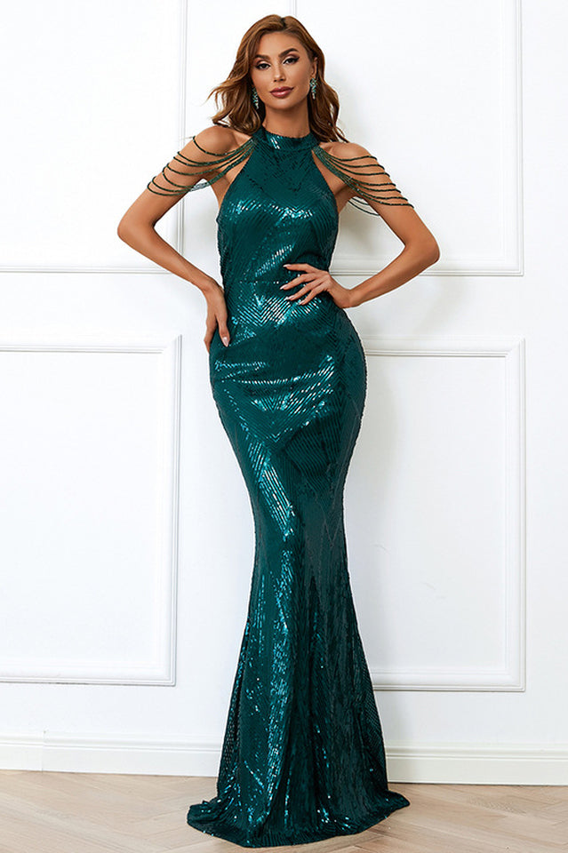 Sequin Halter Neck Beaded Chain Shoulder Mermaid Formal Gown