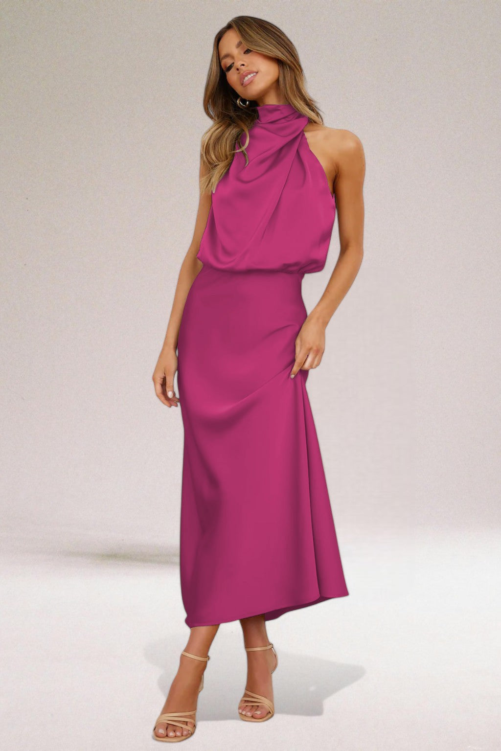 Satin High Neck One Shoulder Draped Maxi Dress