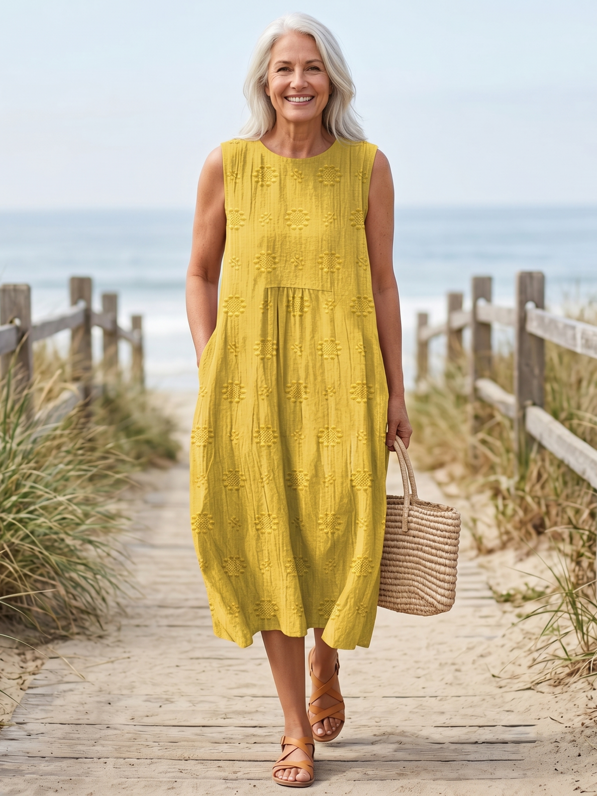 Round Neck Sleeveless Textured Embroidered Midi Dress 3