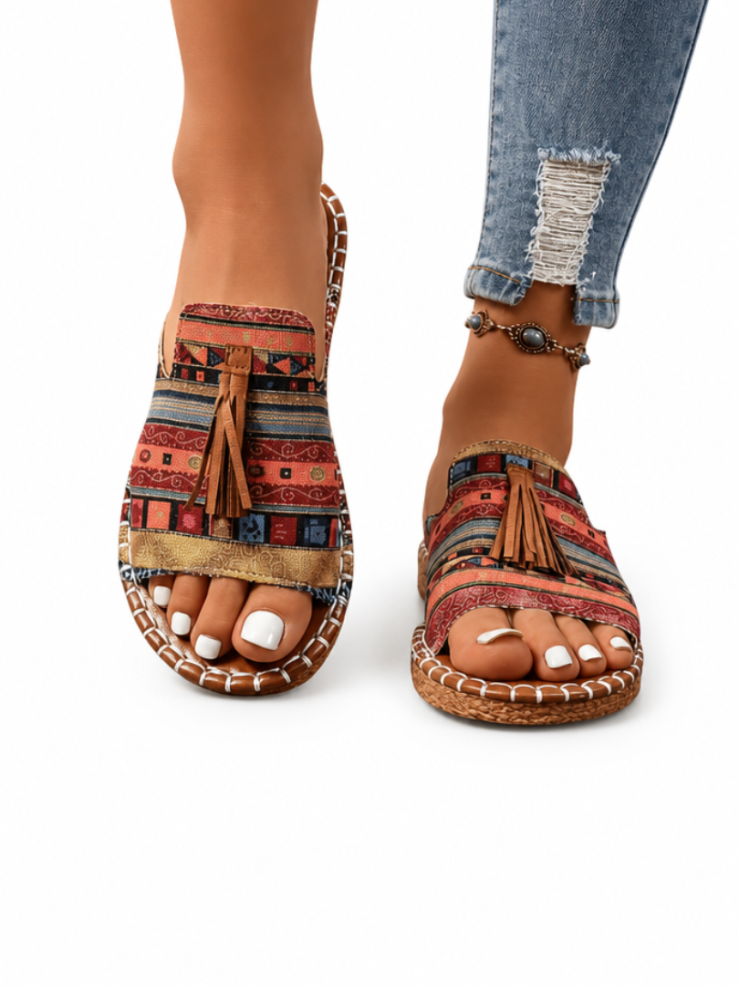 Tribal Print Tassel Toe Ring Flat Slide Sandals