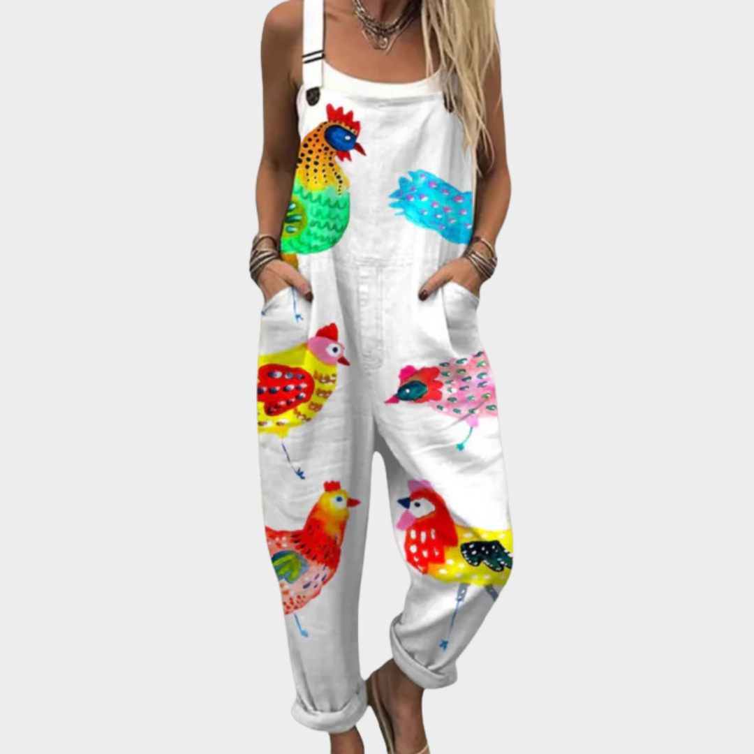 Rooster Print Pocket Overalls Jumpsuit