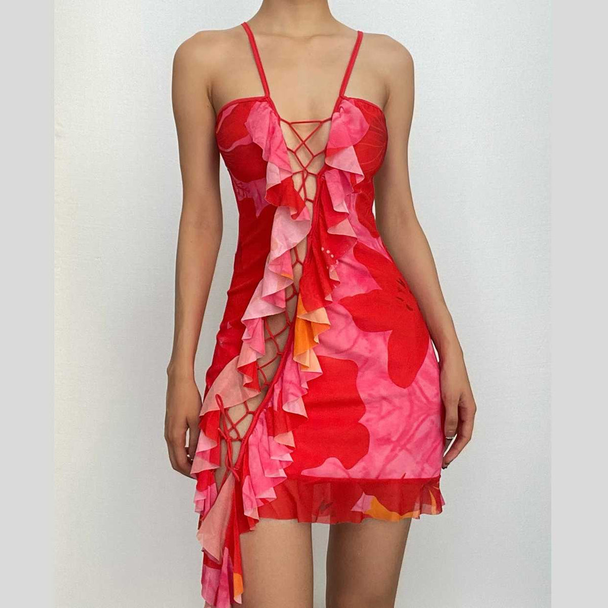 Ruffle Trim Lace Up Front Cut Out Mesh Hem Cami Mini Dress 2