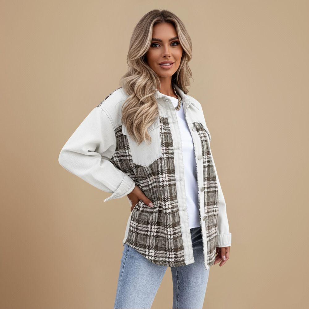 Denim Jacket with Plaid Patchwork and Button Closure