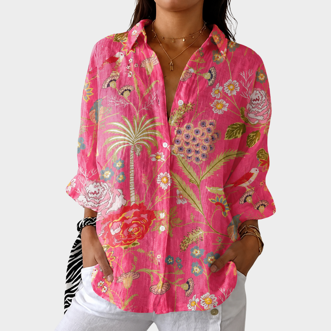 Tropical Floral Print Collared Long Sleeve Blouse