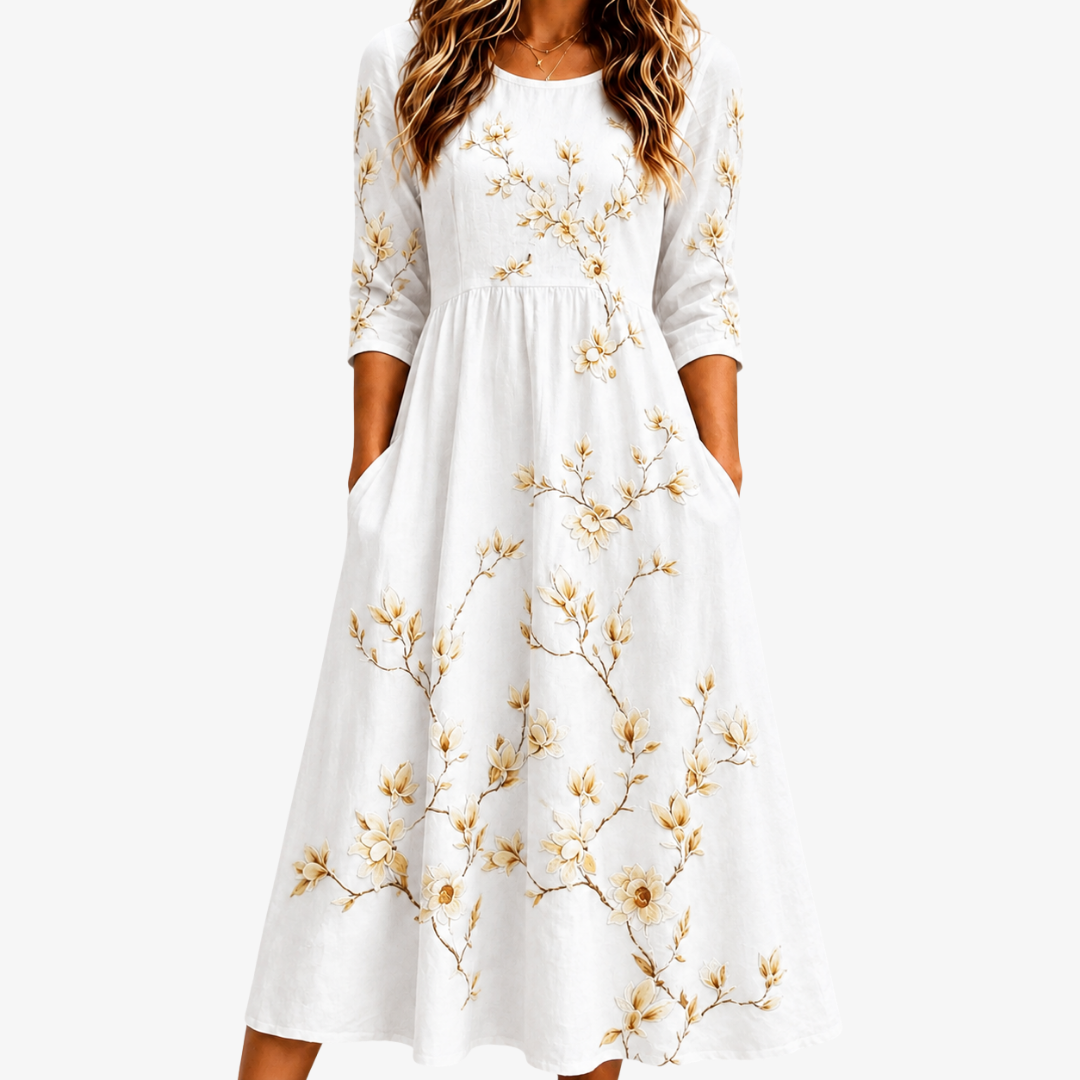 Floral Embroidered Round Neck Pocket A-Line Midi Dress