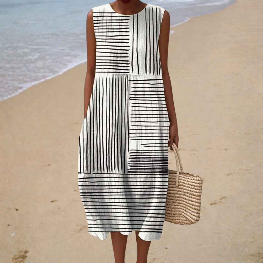 Abstract Stripe Print Sleeveless Pocket Midi Dress