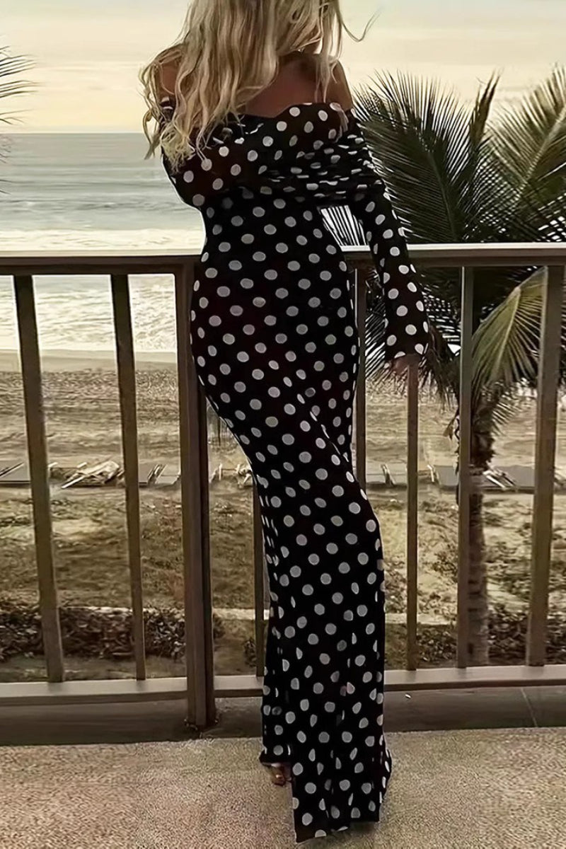 Off Shoulder Mesh Polka Dot Maxi Dress 2