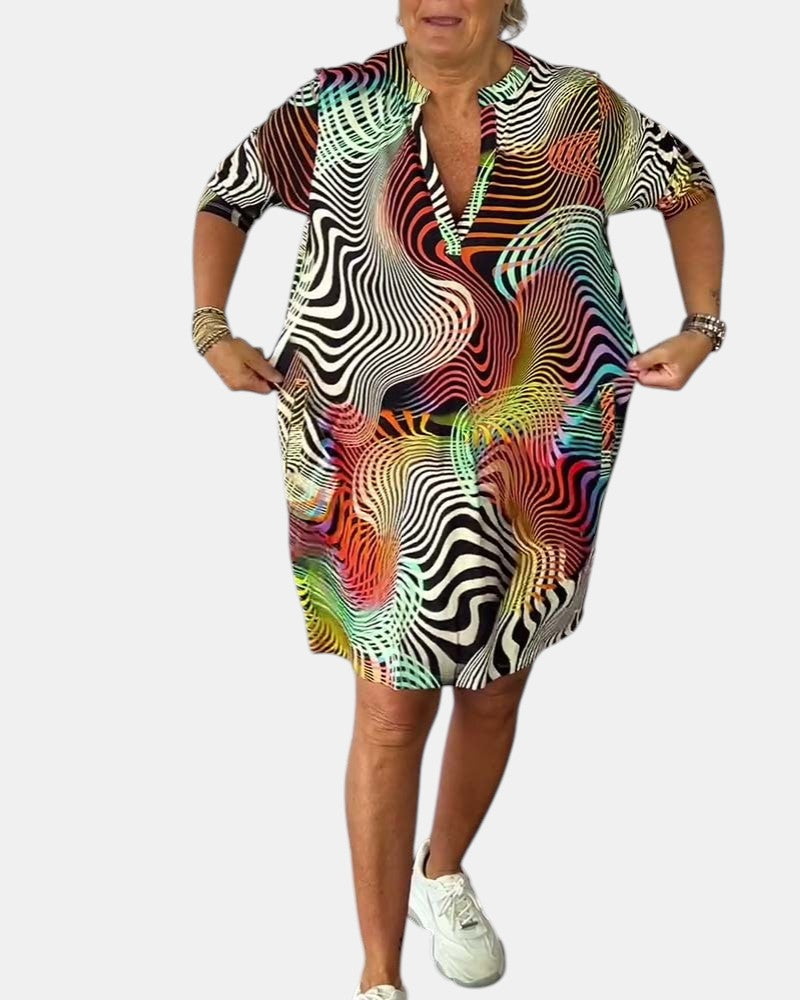Abstract Print V-Neck Roll Sleeve Shirt Dress