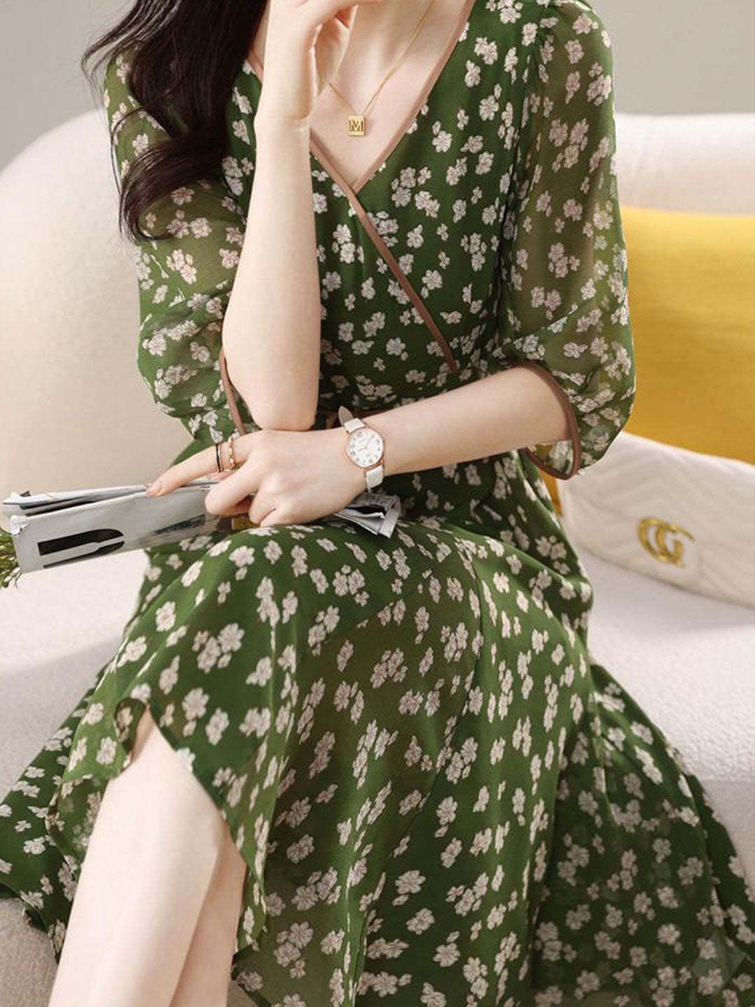 Floral Print Wrap V-Neck Puff Sleeve Tie Waist Dress