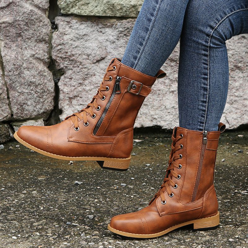 Lace Up Side Zip Buckle Block Heel Combat Boots