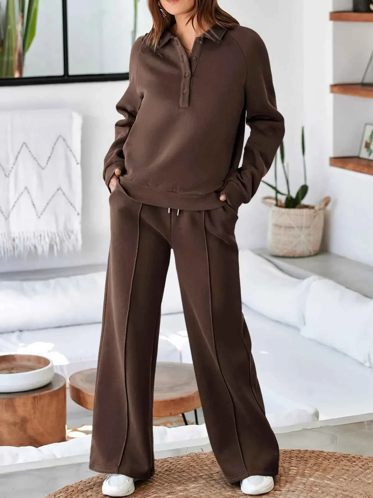 Collared Button Placket Sweatshirt and Seam Front Wide Leg Pants Two Piece Set 11