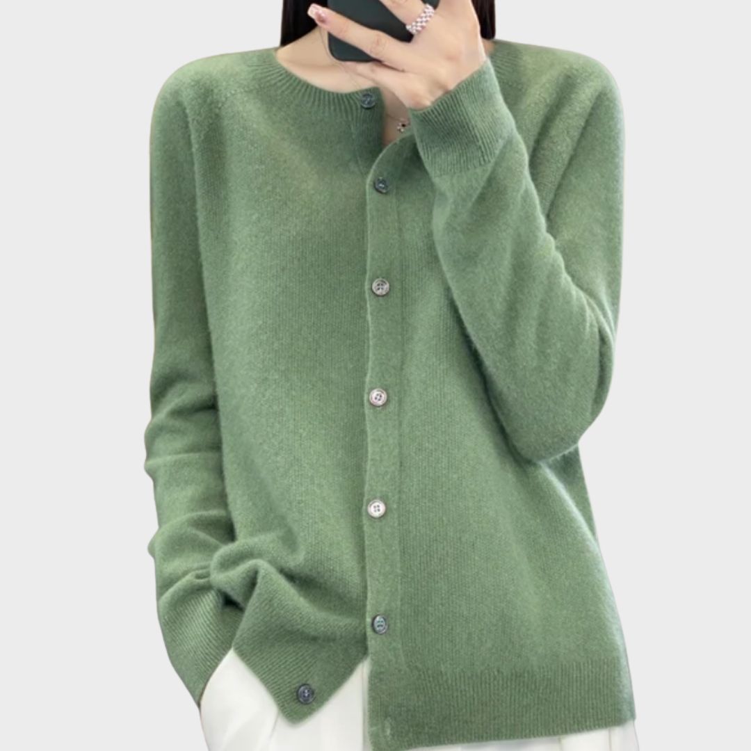 Crew Neck Button Front Long Sleeve Knit Cardigan