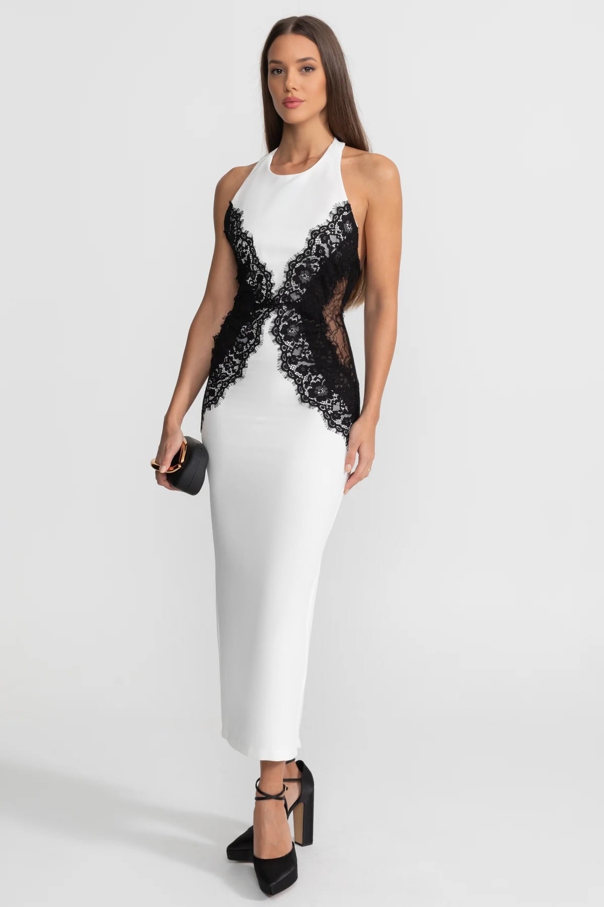 Halter Neck Contrast Lace Panel Sleeveless Column Maxi Dress 2