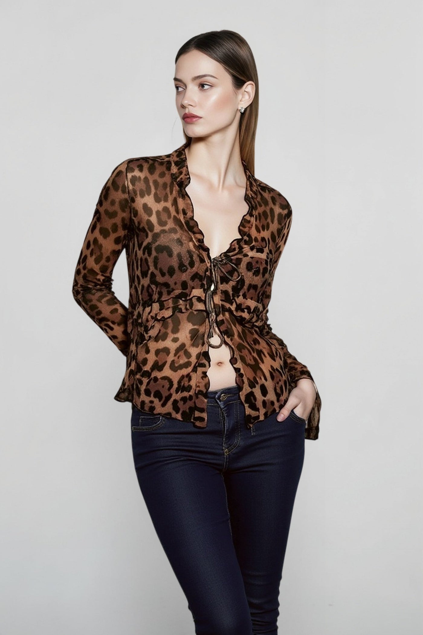 Leopard Mesh Chiffon Lace Sheer Top