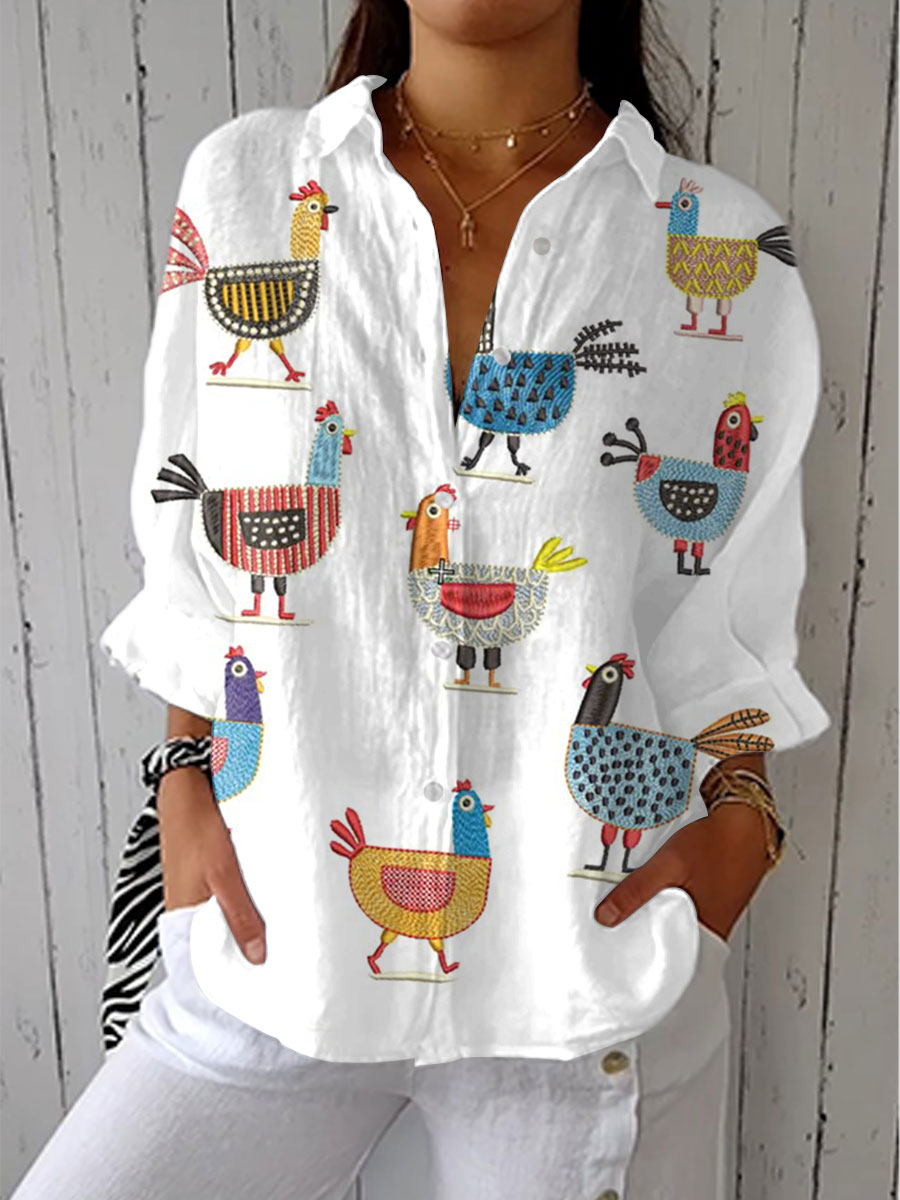 Chicken Print Long Sleeve Button Front Shirt