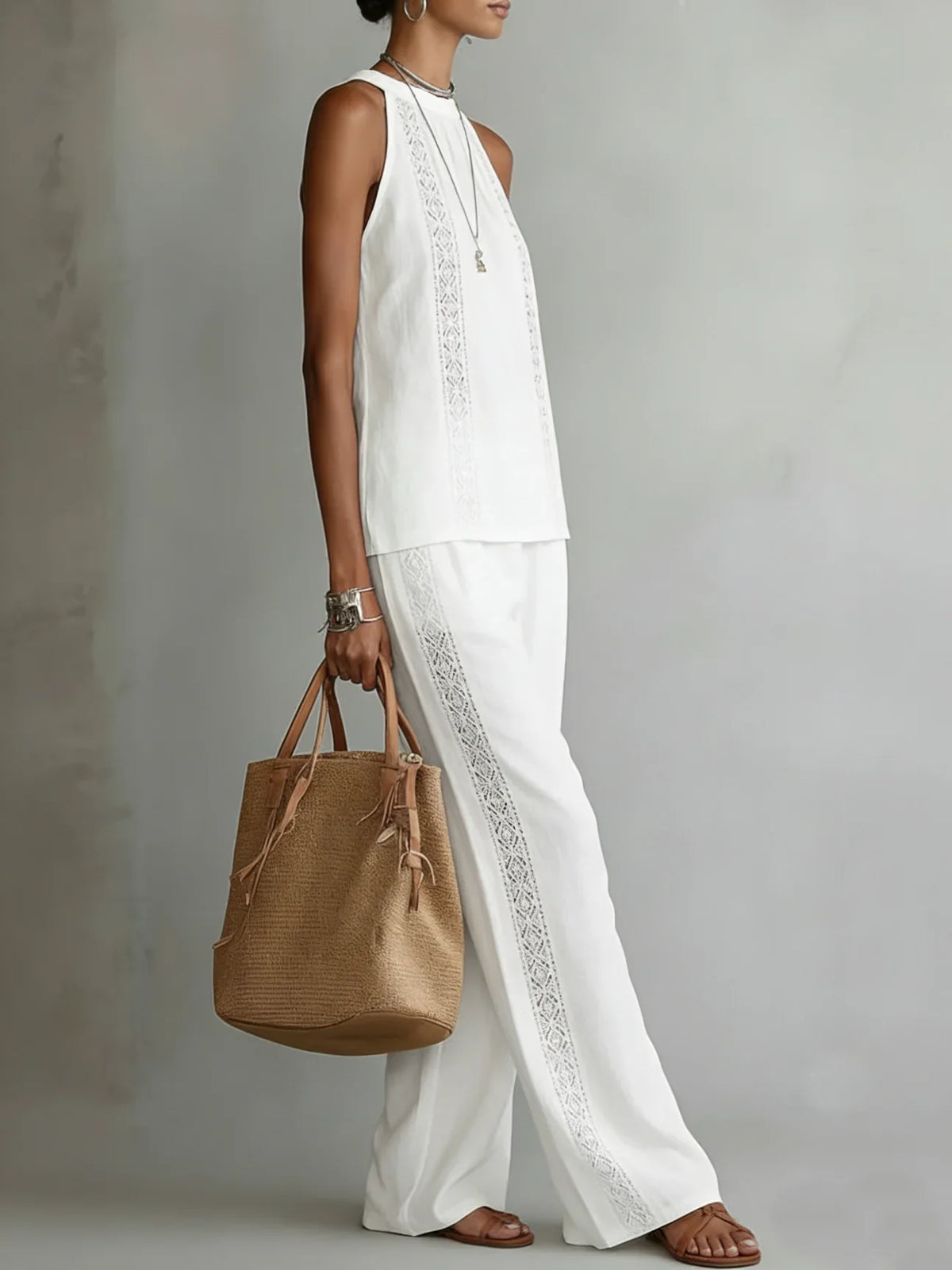 Halter Neck Crochet Trim Top and Wide Leg Pants Two Piece Set